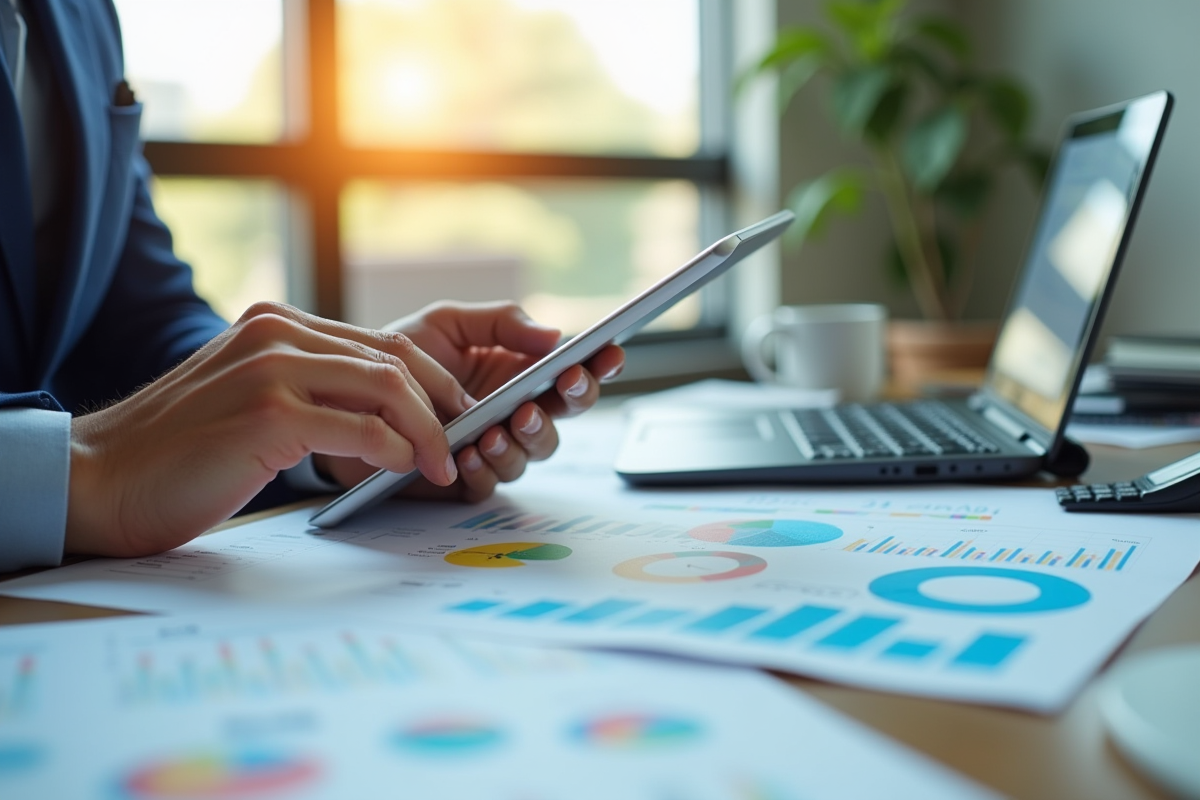 Professionnel d'affaires analysant des graphiques financiers sur une tablette