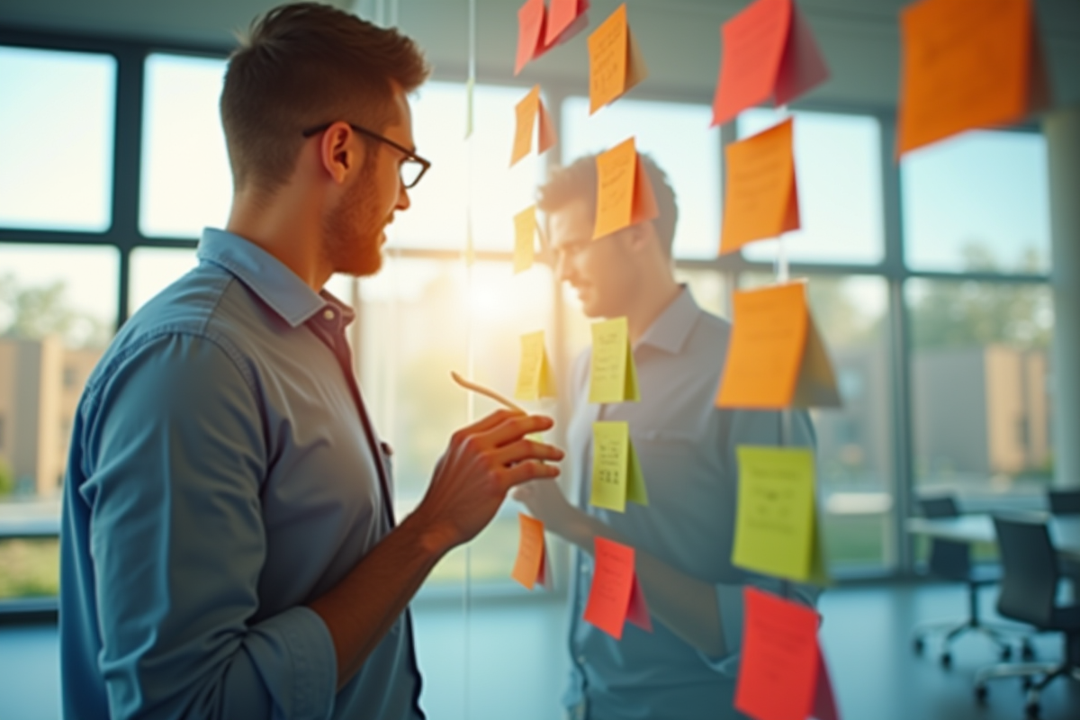 Employé de bureau analysant des notes colorées sur un tableau blanc