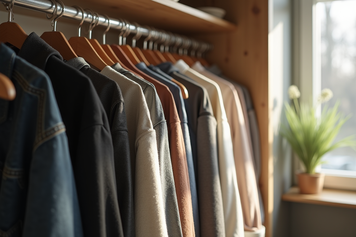 Armoire organisée avec vêtements modernes pour revente