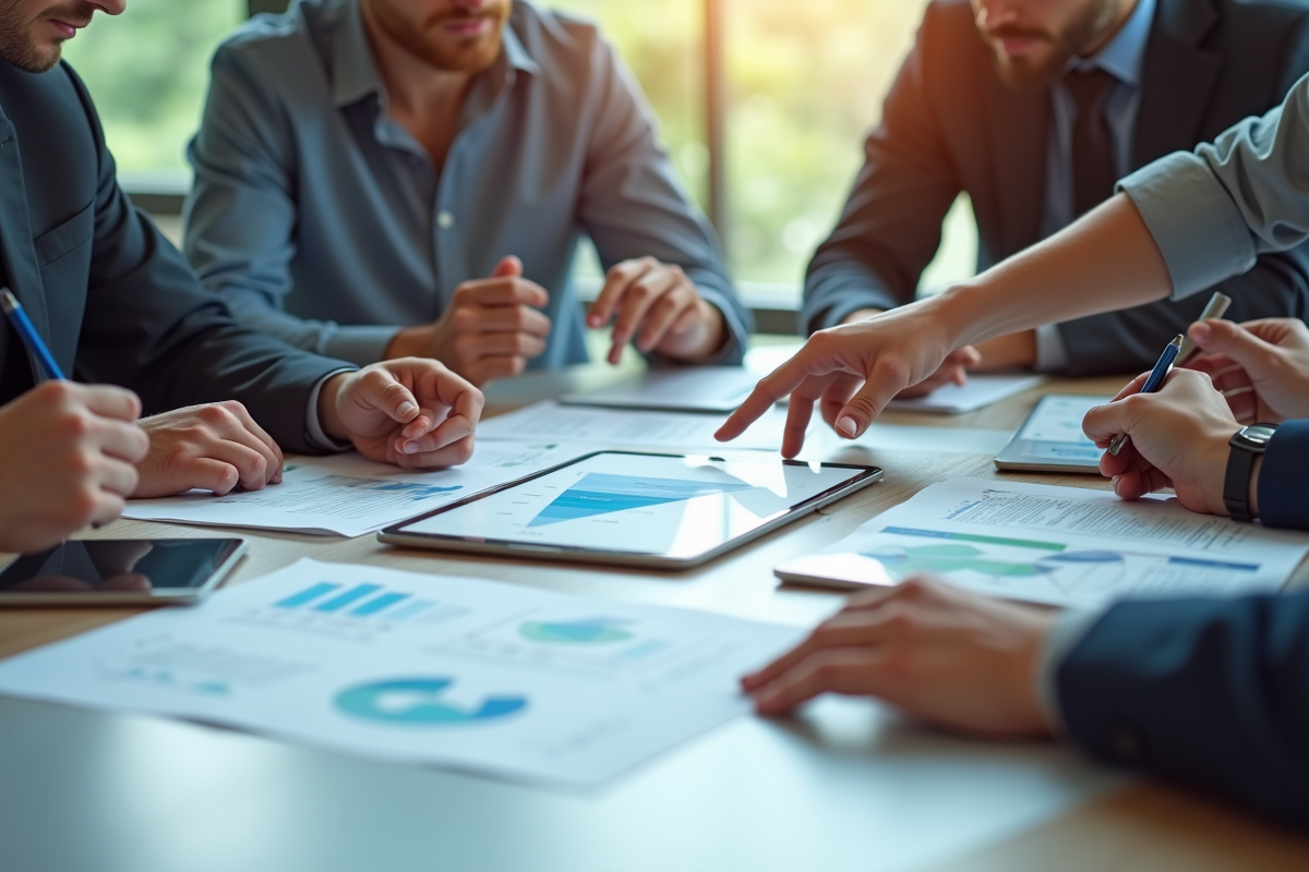 Groupe de collègues discutant autour de rapports marketing