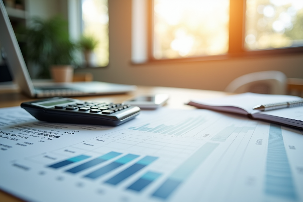 Bureau d'un comptable lumineux avec états financiers et calculatrice
