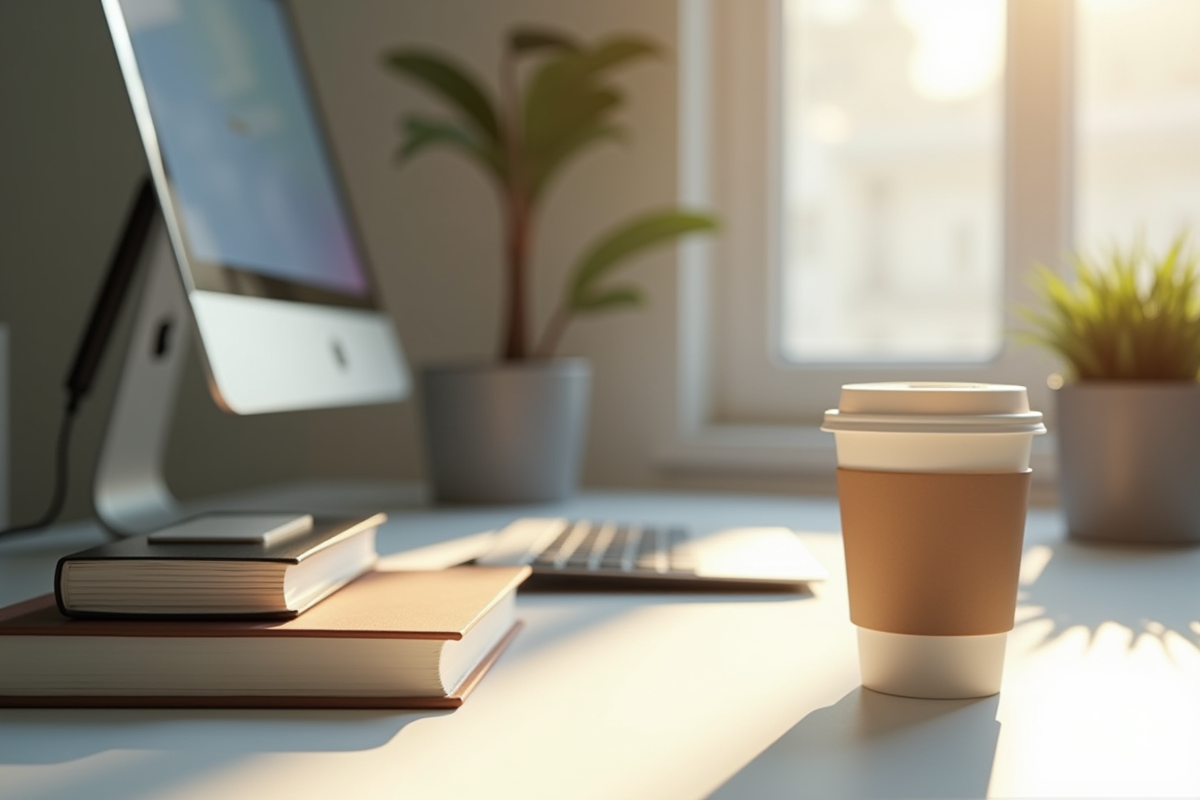 Bureau minimaliste avec gadgets et livres populaires en lumière naturelle