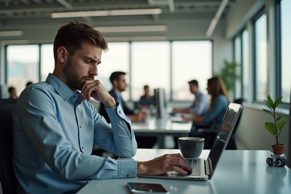 Bureau moderne open space avec employés stressés