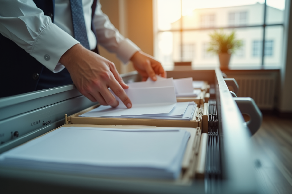 Espace de bureau organisé avec classement de documents