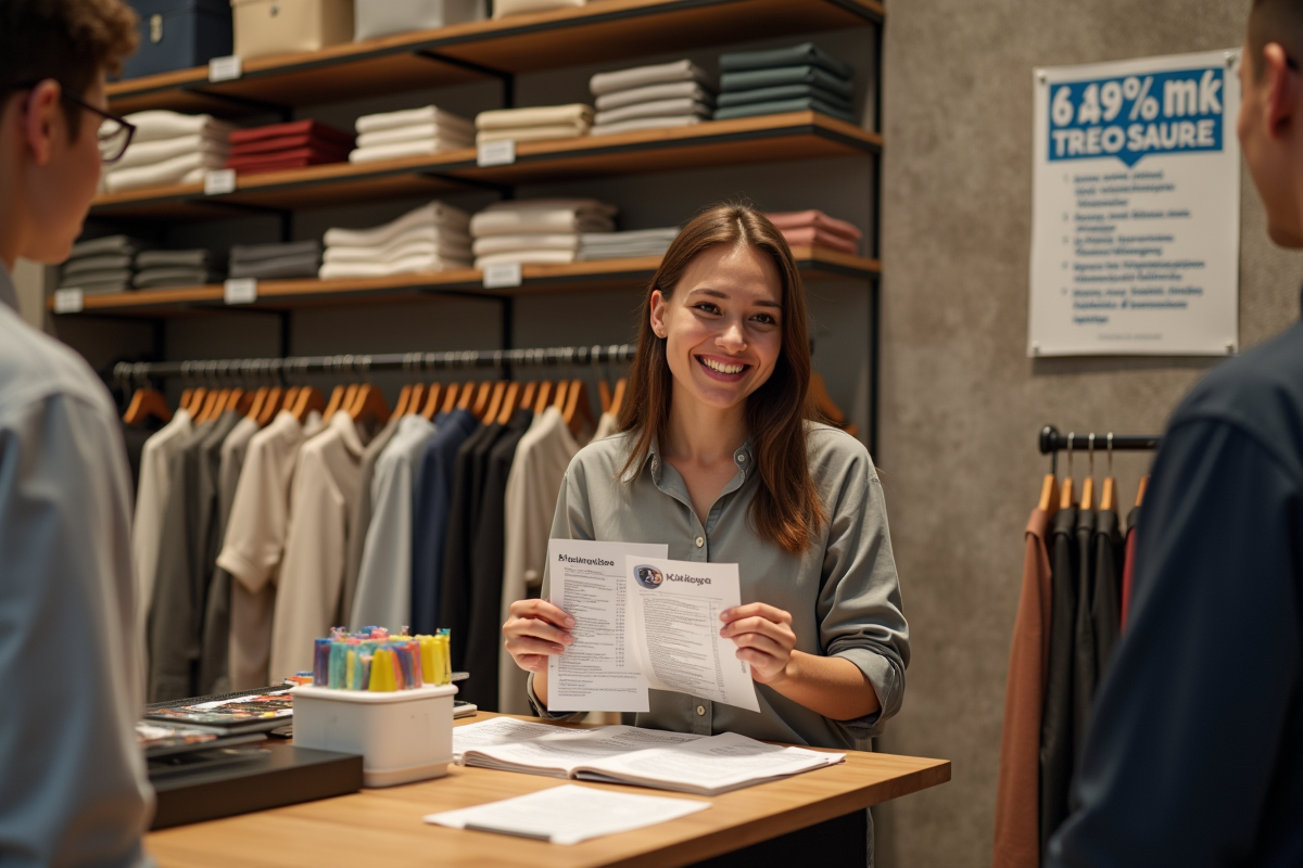 Jeune femme organisant étiquettes de soldes derrière le comptoir