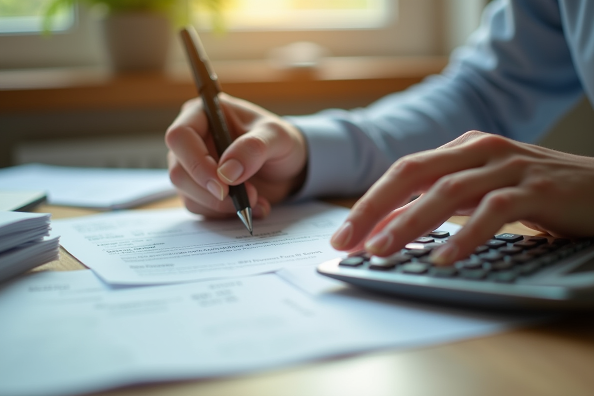 Mains utilisant une calculatrice et notant sur des factures d