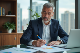 Coach professionnel en bureau moderne avec vue urbaine