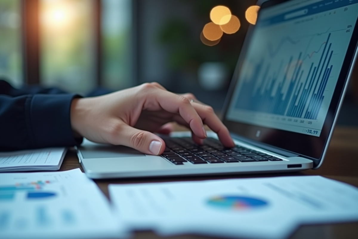 Comptable utilisant un ordinateur avec graphiques financiers