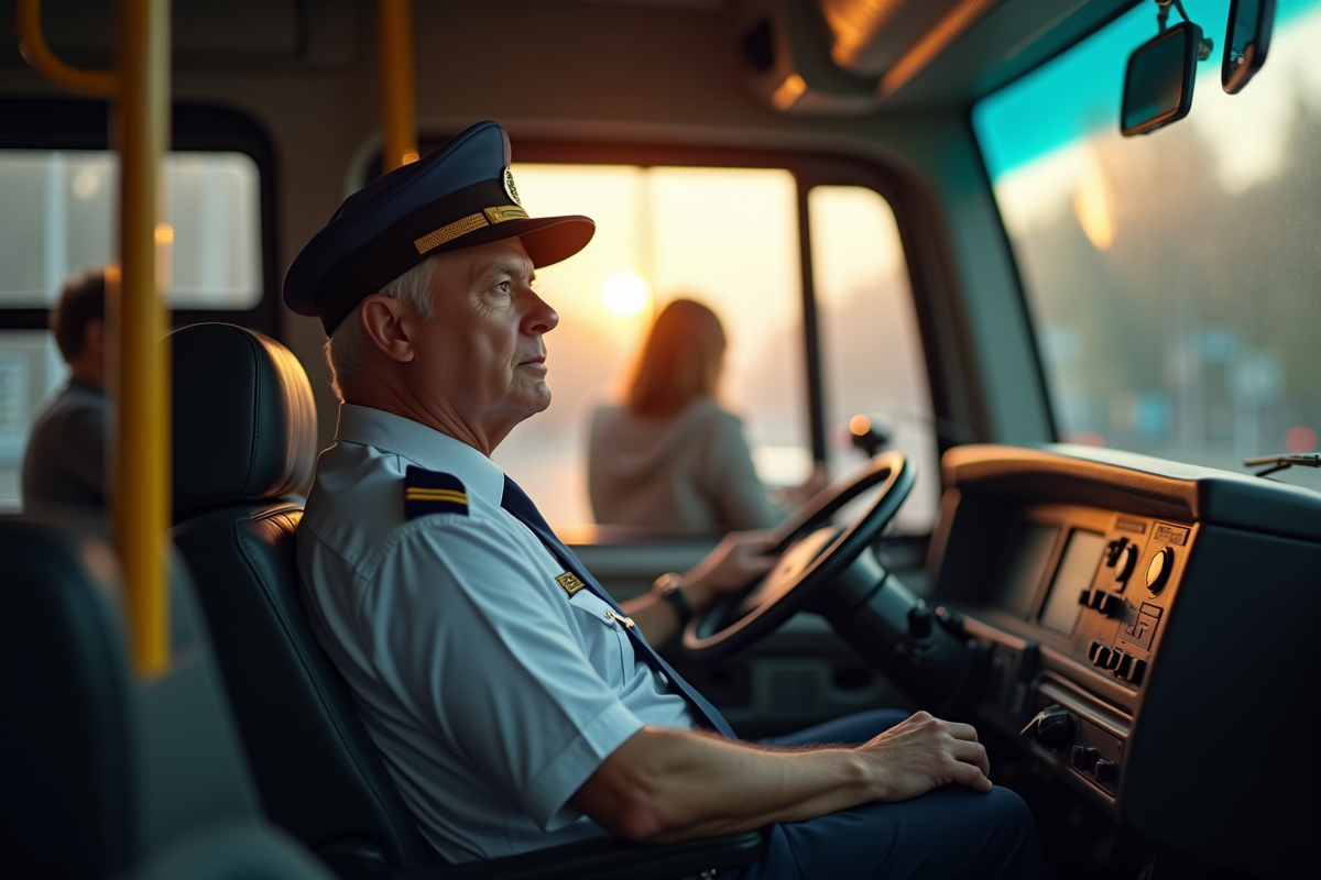 Conducteur de bus en uniforme au matin avec passagers