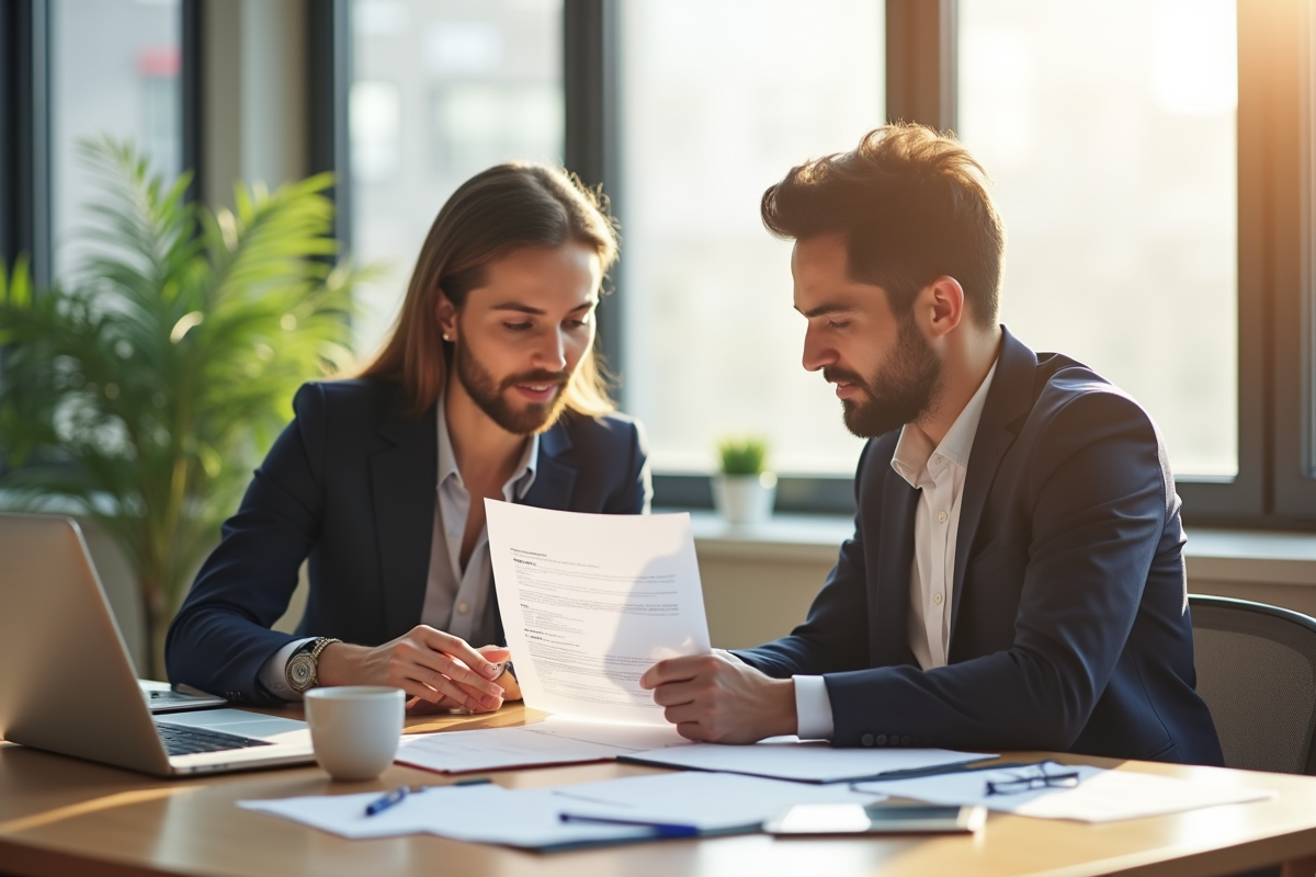 Deux entrepreneurs discutent de documents légaux au bureau
