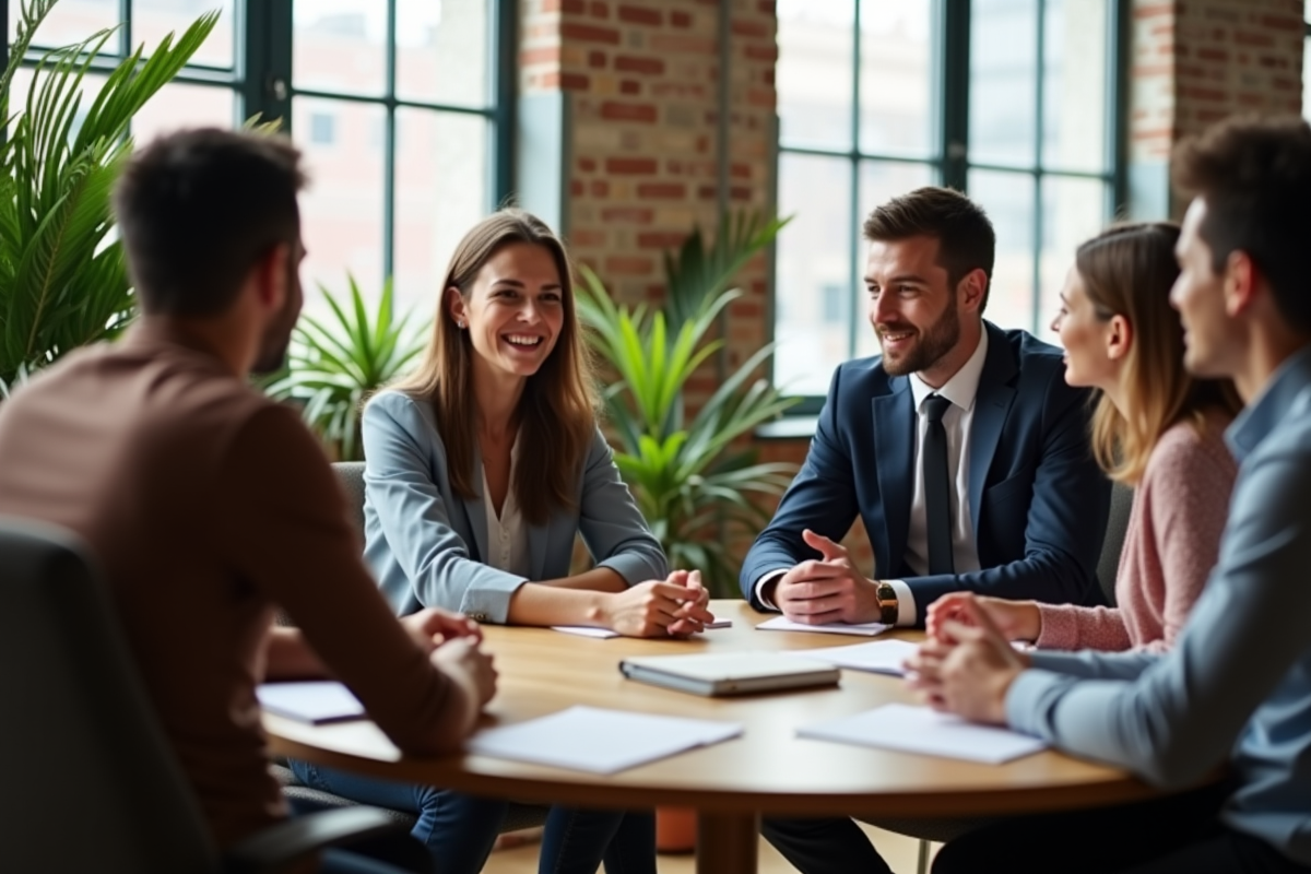Jeune coach discutant avec un groupe dans un espace de coworking