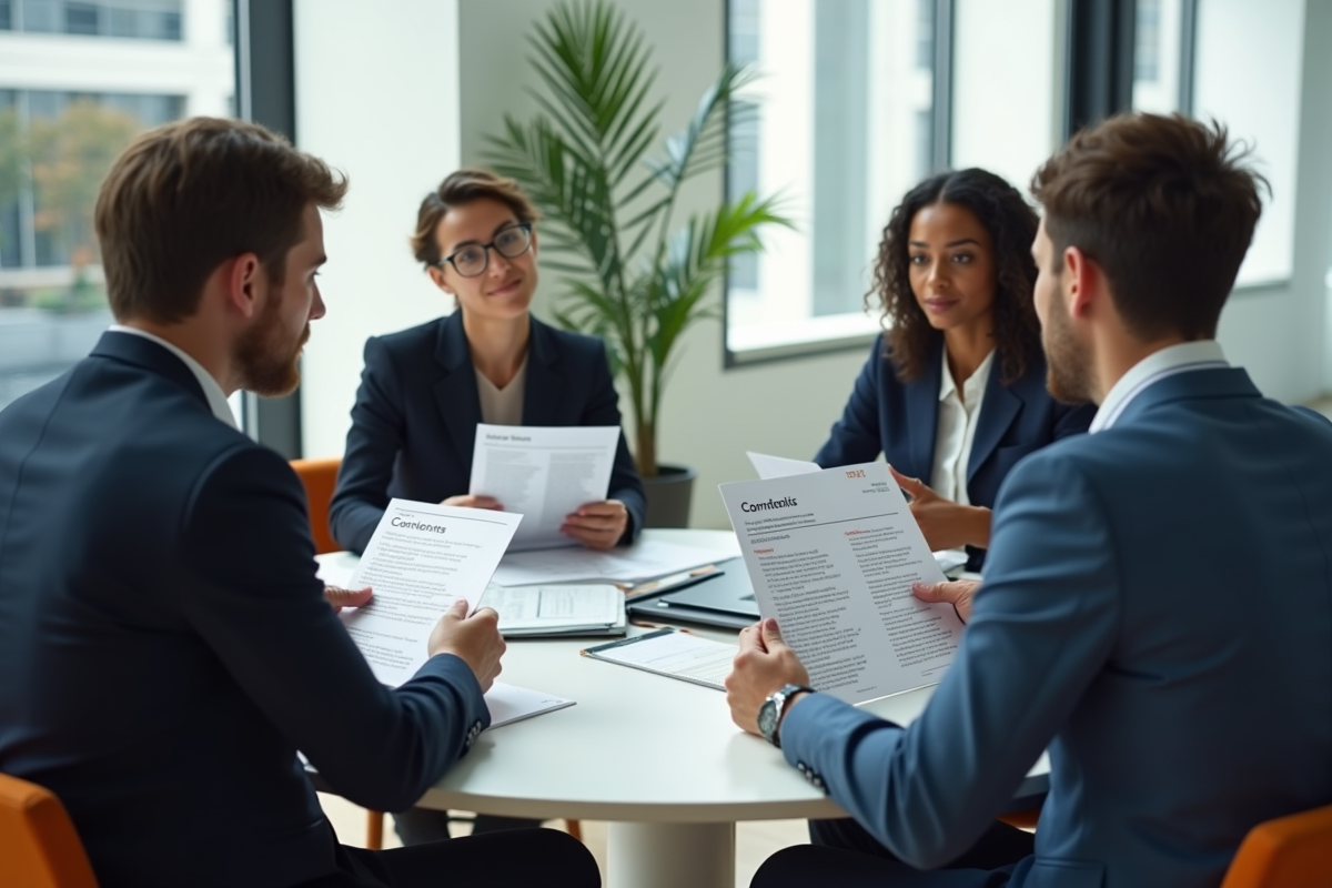 Quatre professionnels en discussion dans un bureau lumineux