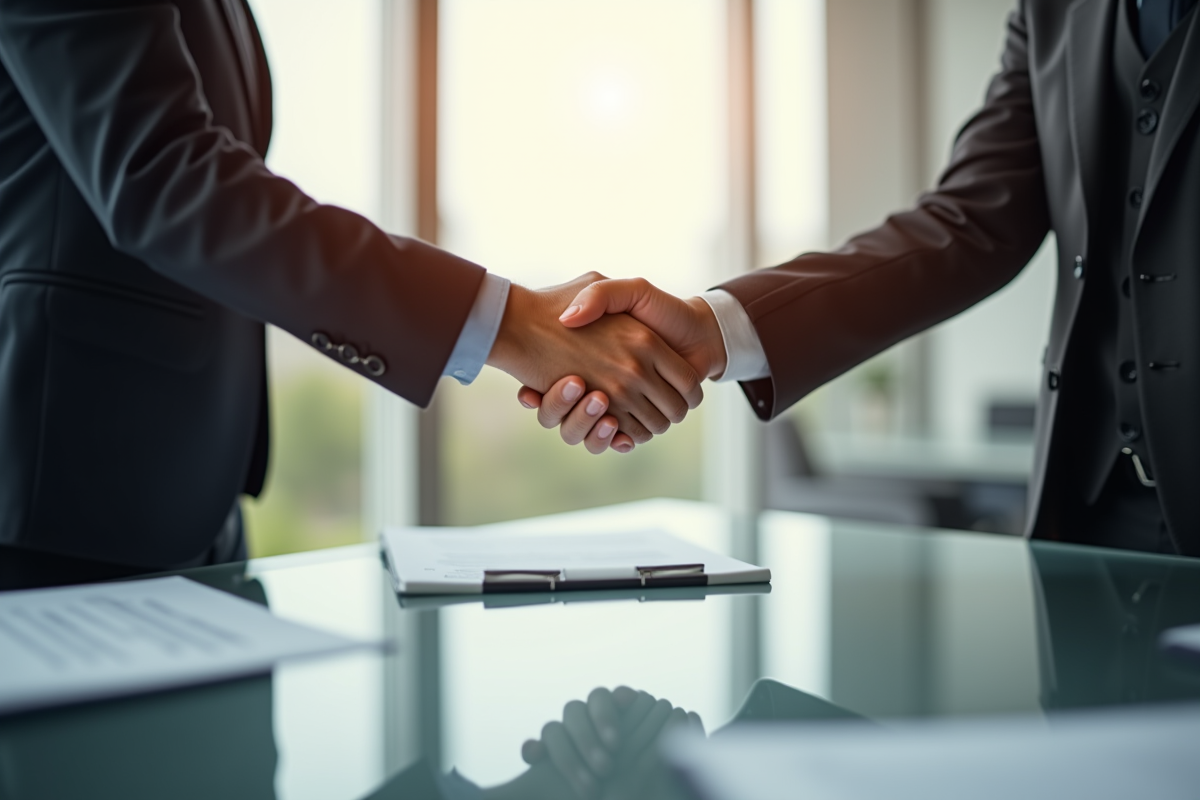 Deux professionnels se serrent la main dans un bureau moderne