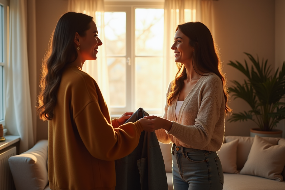 Deux jeunes échangeant des vêtements dans un salon cosy