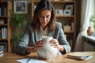 Femme emballant un vase ancien dans un bureau lumineux