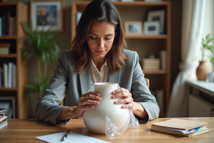 Femme emballant un vase ancien dans un bureau lumineux