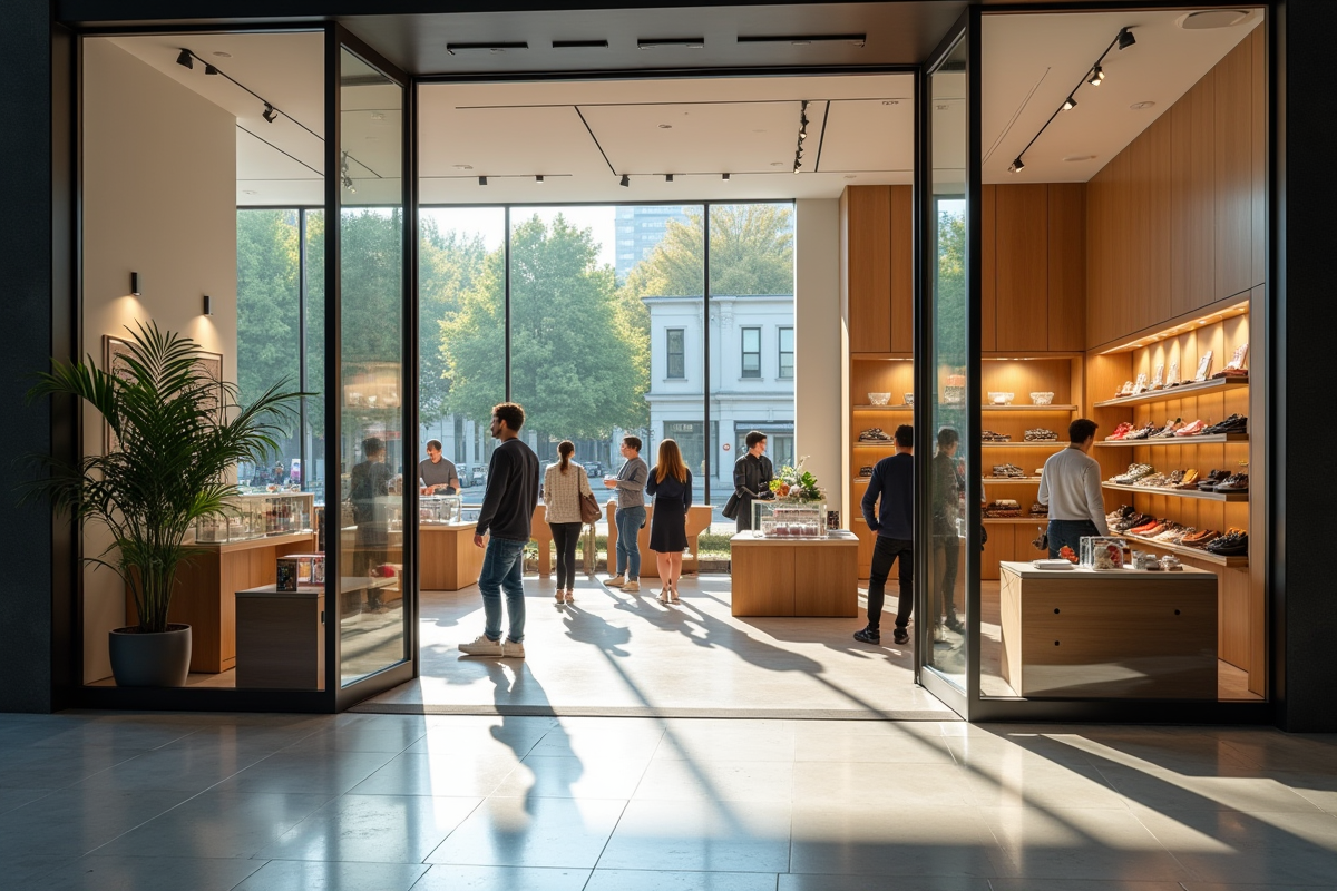 Entrée d'un magasin moderne avec grandes vitrines et lumière naturelle