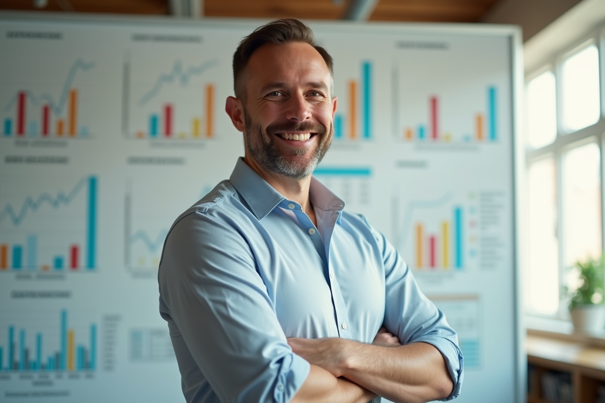 Entrepreneur devant un tableau blanc avec graphiques colorés