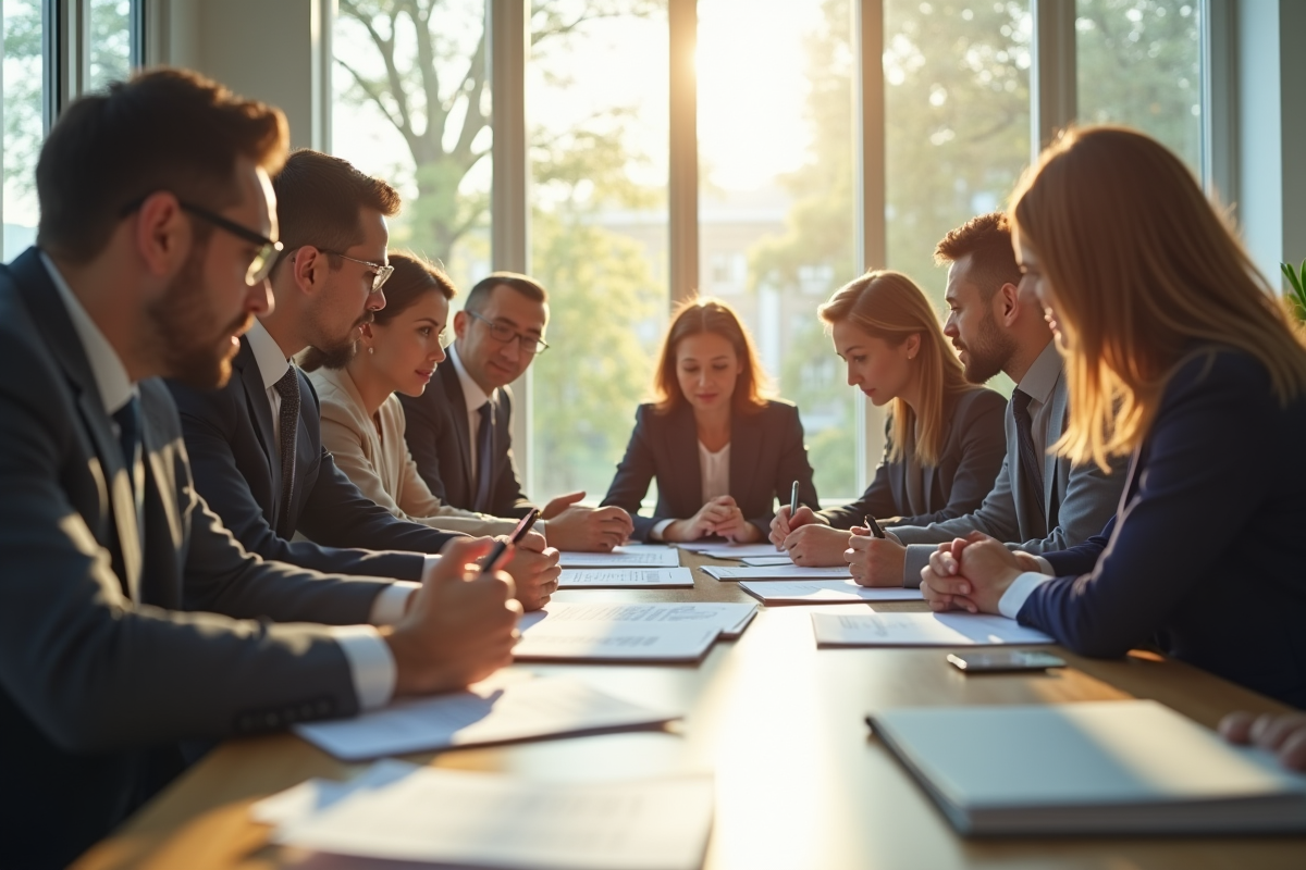 Groupe de professionnels en réunion dans un bureau lumineux
