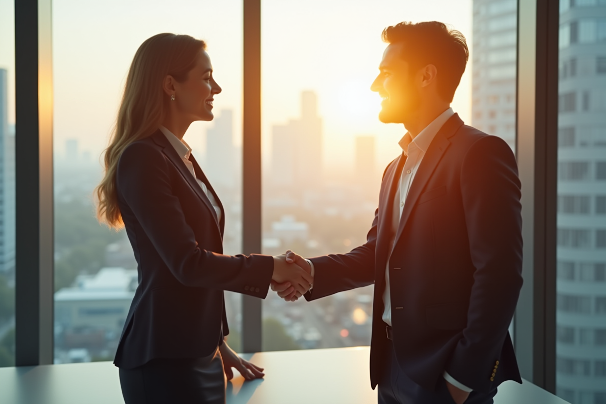 Femme d'affaires et homme d'affaires serrant la main dans un bureau moderne
