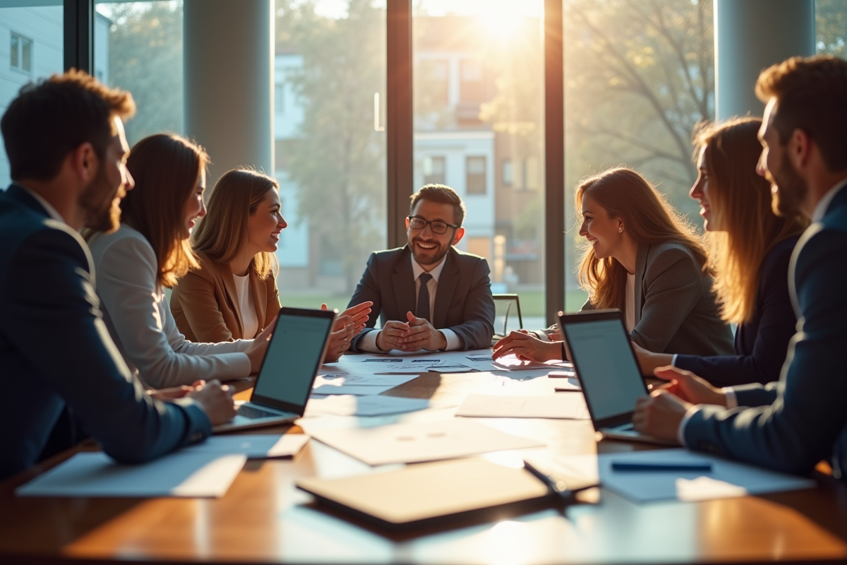 Groupe de professionnels en brainstorming dans un bureau lumineux