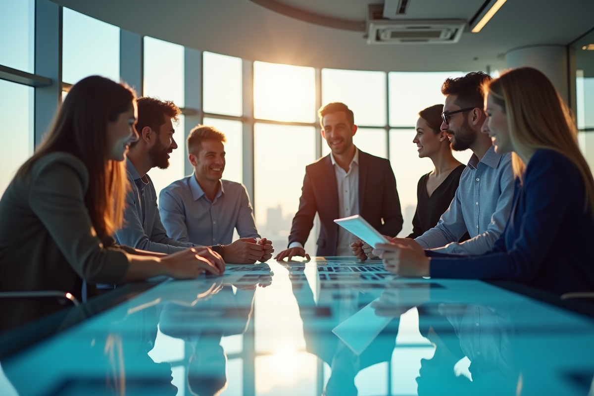 Groupe de marketeurs autour d un tableau digital lumineux