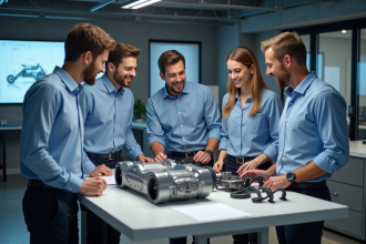 Groupe de professionnels autour d'un prototype de véhicule électrique