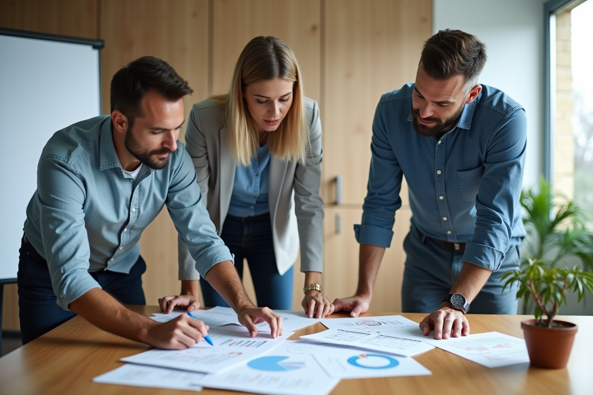 Groupe de trois personnes en réunion de travail collaborative