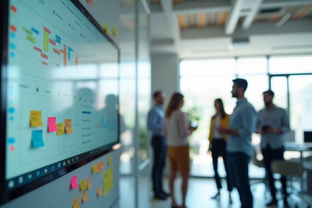 Équipe discutant devant un tableau blanc numérique lumineux