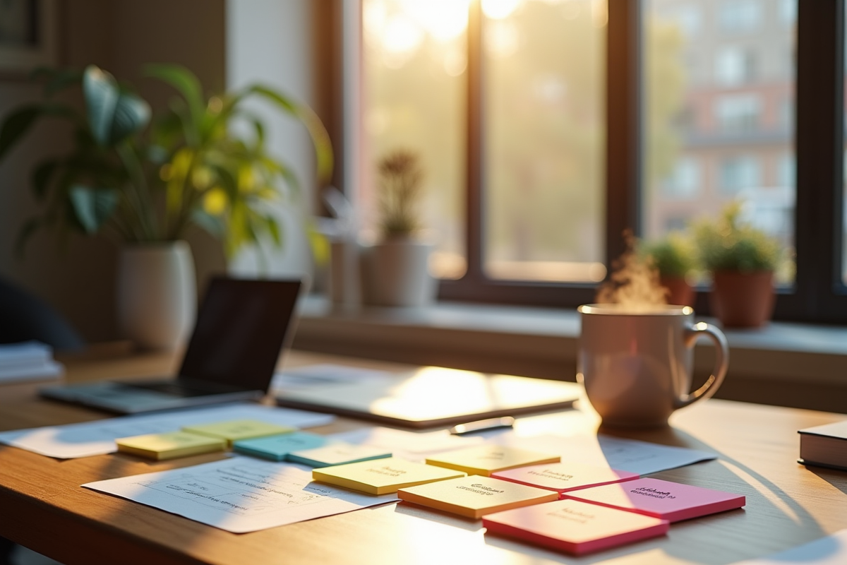 Espace de travail créatif avec bureau en bois et notes