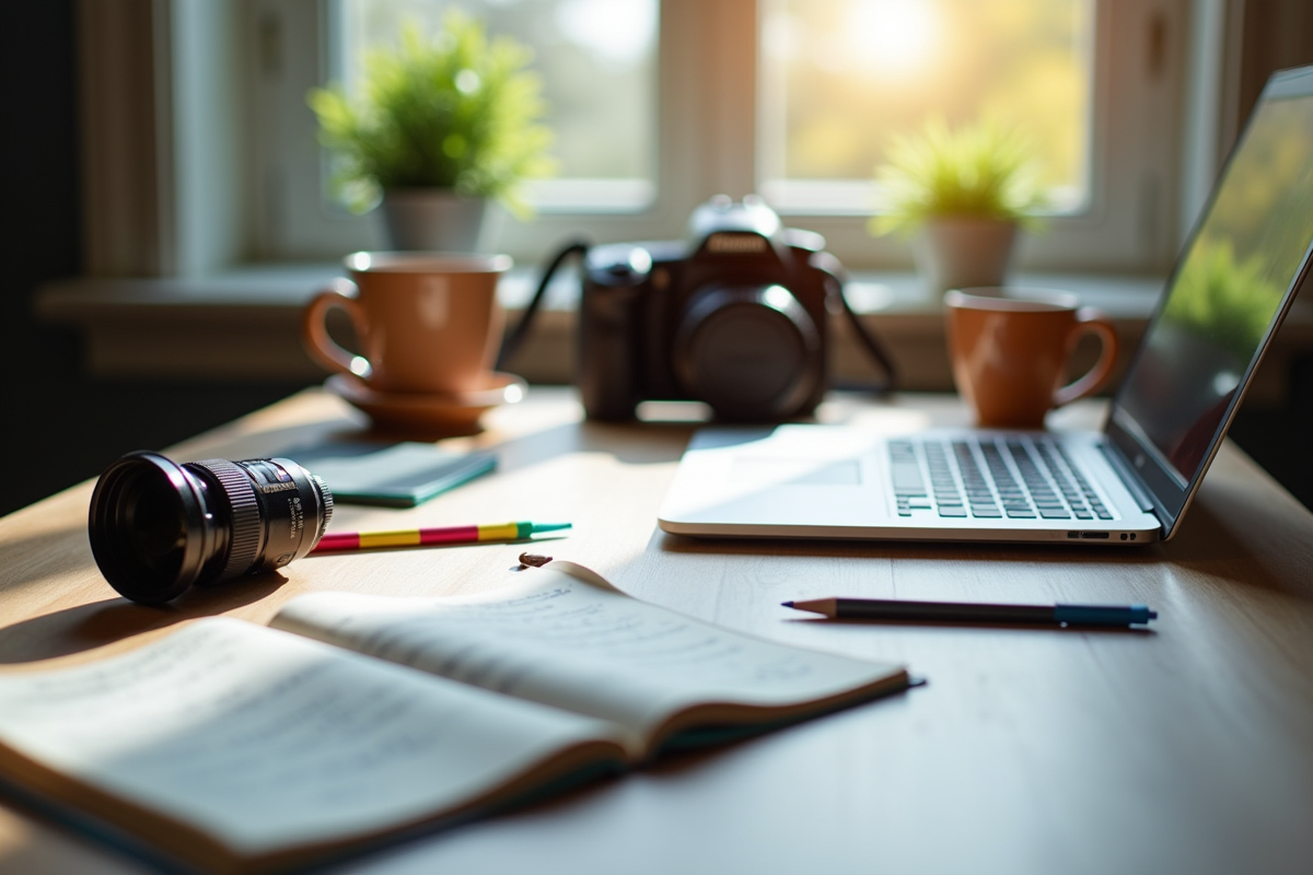 Espace de travail créatif avec ordinateur et notes