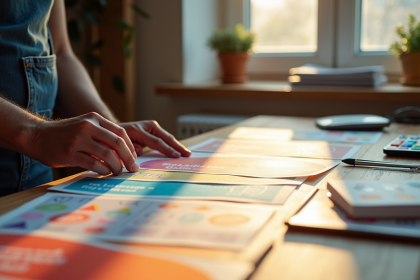 Espace de travail créatif avec un designer arrangeant des flyers colorés