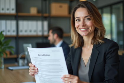 Femme professionnelle souriante avec document d'accreditation