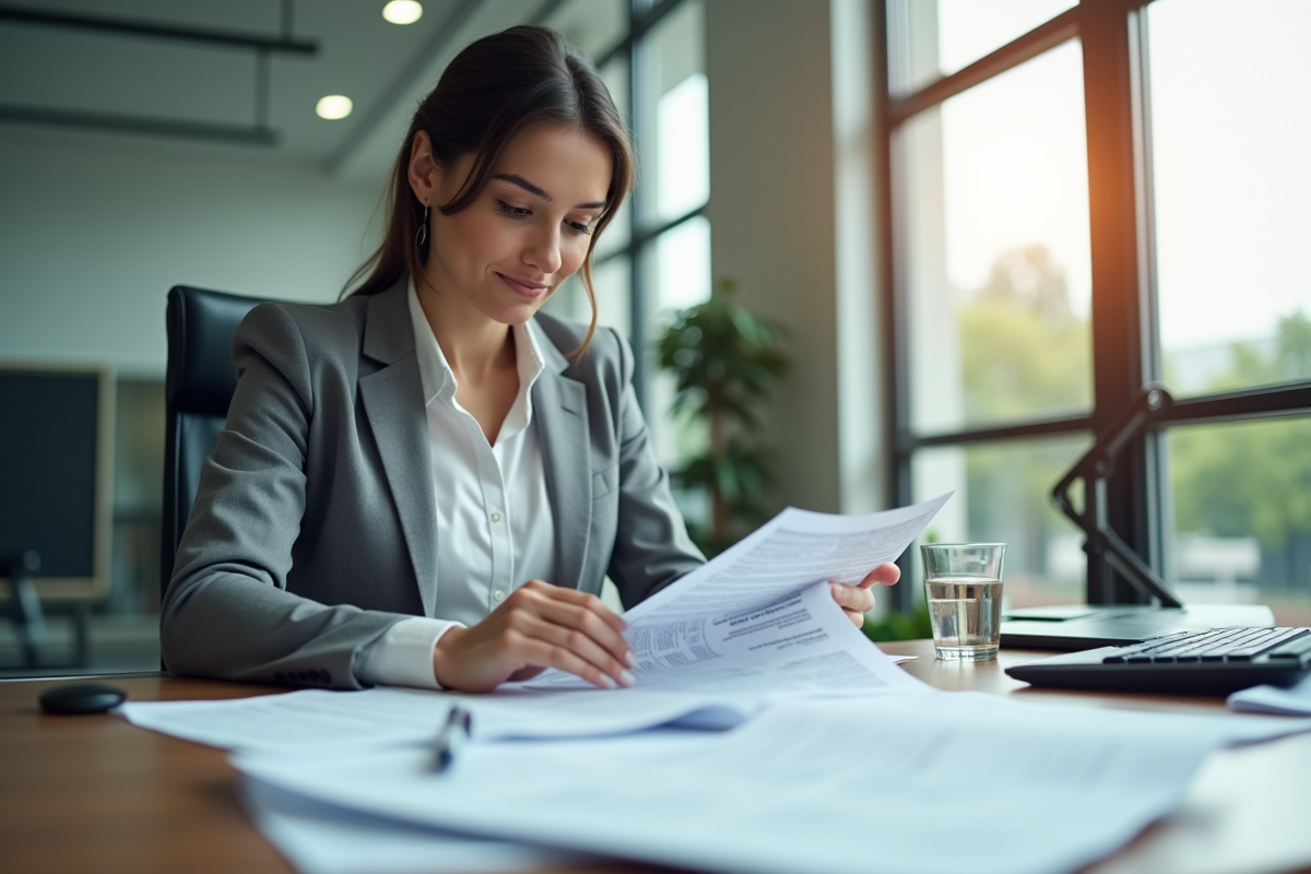 Femme d'affaires triant des documents confidentiels au bureau