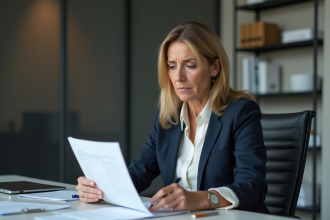 Femme d'affaires lisant des papiers dans un bureau moderne