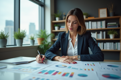 Femme d'affaires analysant des graphiques de croissance