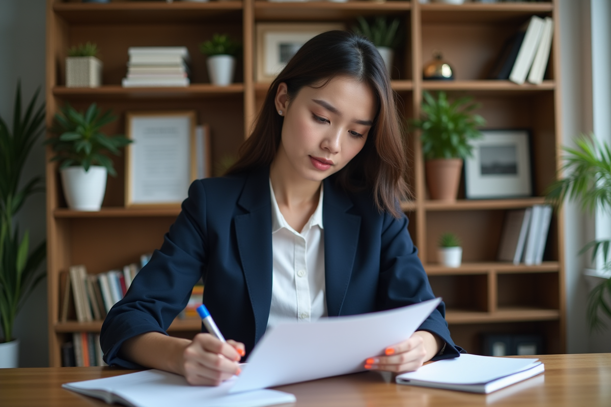 Jeune femme en bureau lisant des documents français