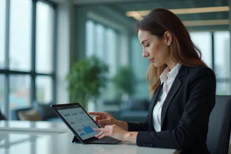 Femme en bureau moderne examinant un graphique sur tablette