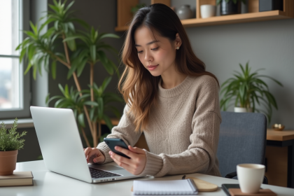 Jeune femme au bureau à domicile avec smartphone et café