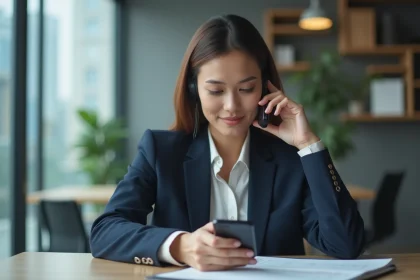 Femme professionnelle au bureau utilisant son t&eacute;l&eacute;phone