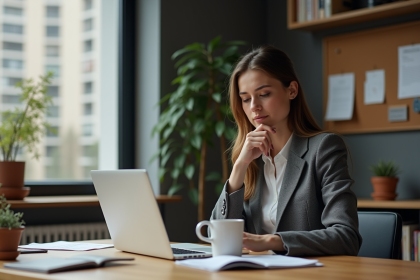 Jeune femme en bureau moderne en pleine r&eacute;flexion