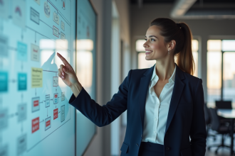 Femme d'affaires pointant un flowchart digital dans un bureau
