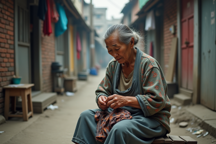Femme chinoise âgée tricotant dans une ruelle urbaine