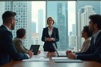 Femme en costume lors d'une réunion d'affaires