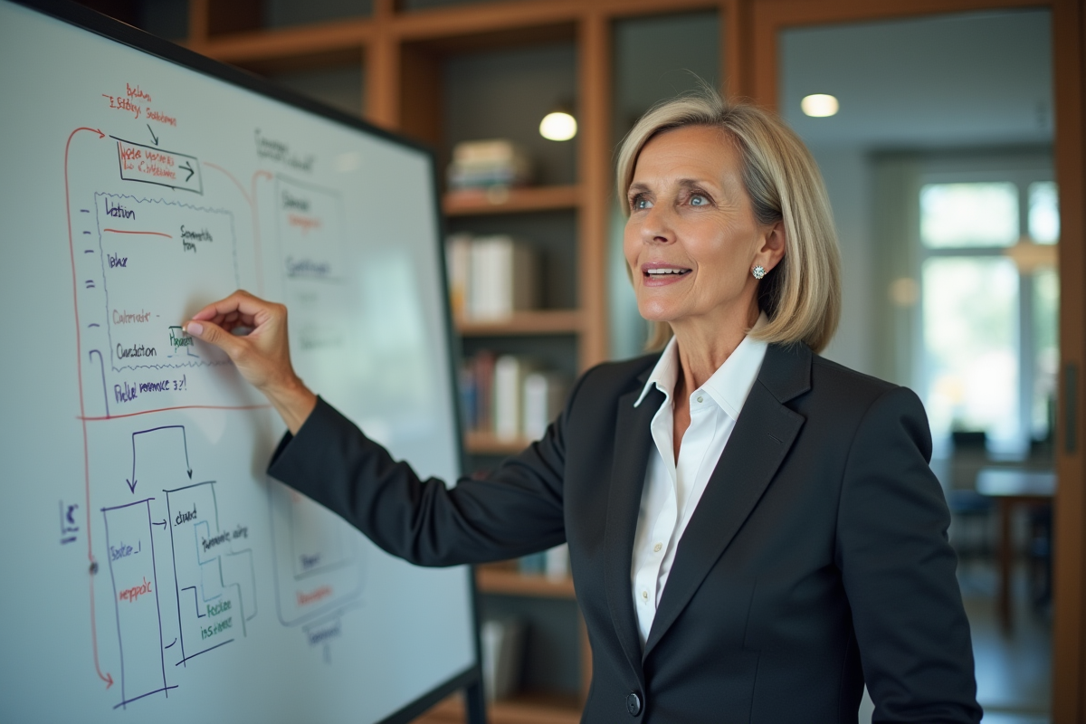 Femme executive parlant devant un tableau blanc en entreprise