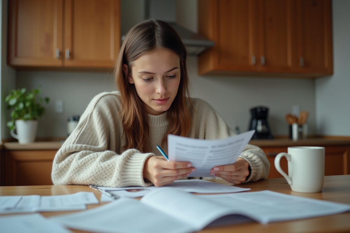 Jeune femme en intérieur examinant un document