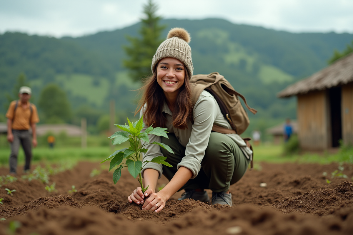 Femme plantant un arbre dans un champ rural avec village