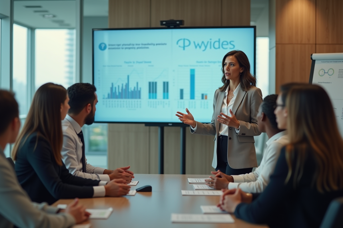 Femme confiante présente un projet à une équipe en réunion