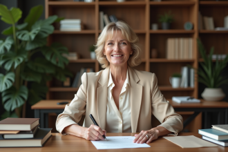 Femme signant un document Ethique dans un bureau organisé