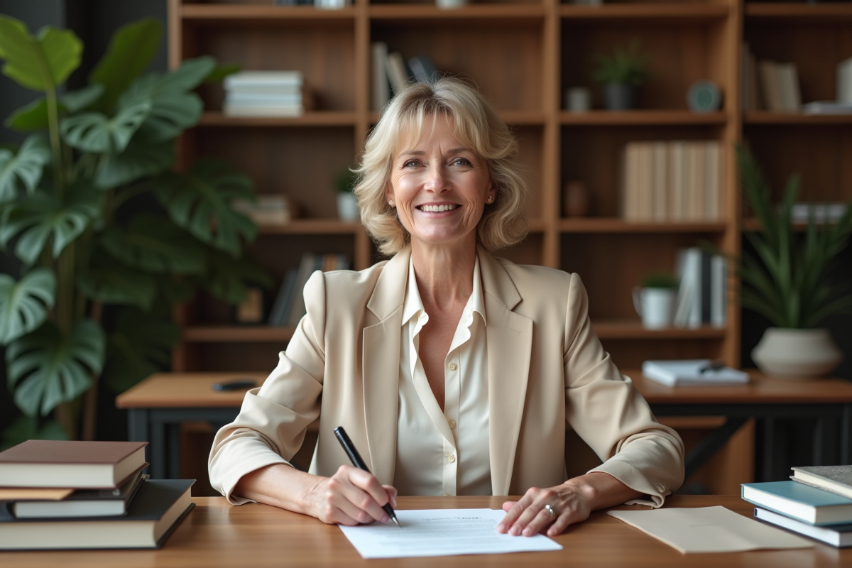 Femme signant un document Ethique dans un bureau organisé